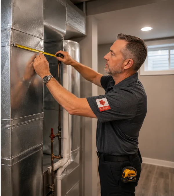 JC measuring ductwork during a home HVAC consultation