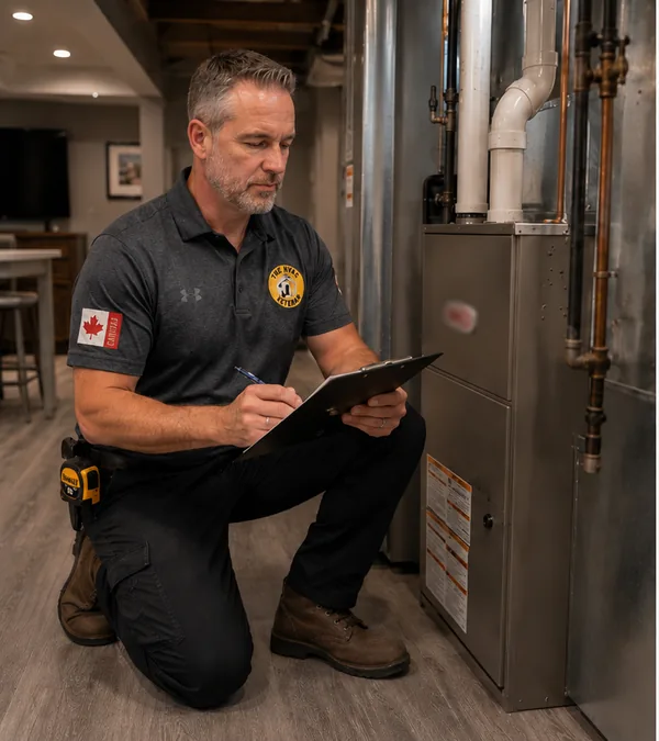 JC inspecting a furnace and writing up a quote during an in-home visit