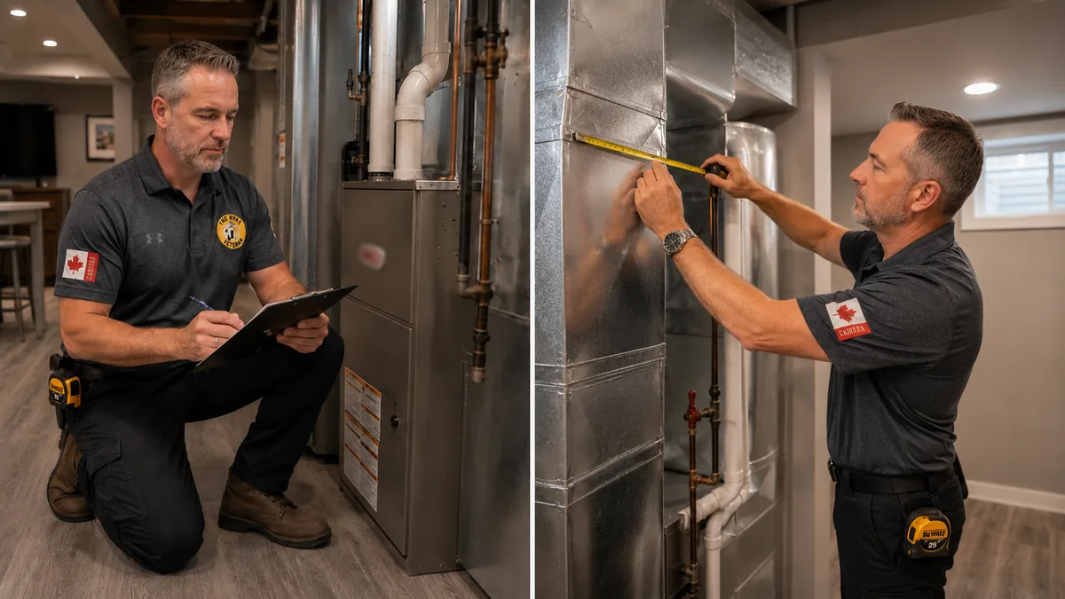 JC inspecting a furnace and measuring ductwork during an in-home HVAC consultation