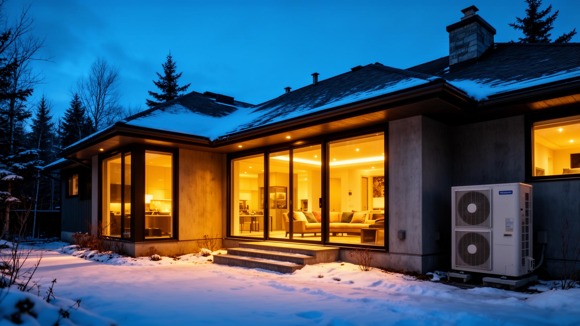 A modern GTA home glowing warm at winter twilight with a high-efficiency heat pump outside