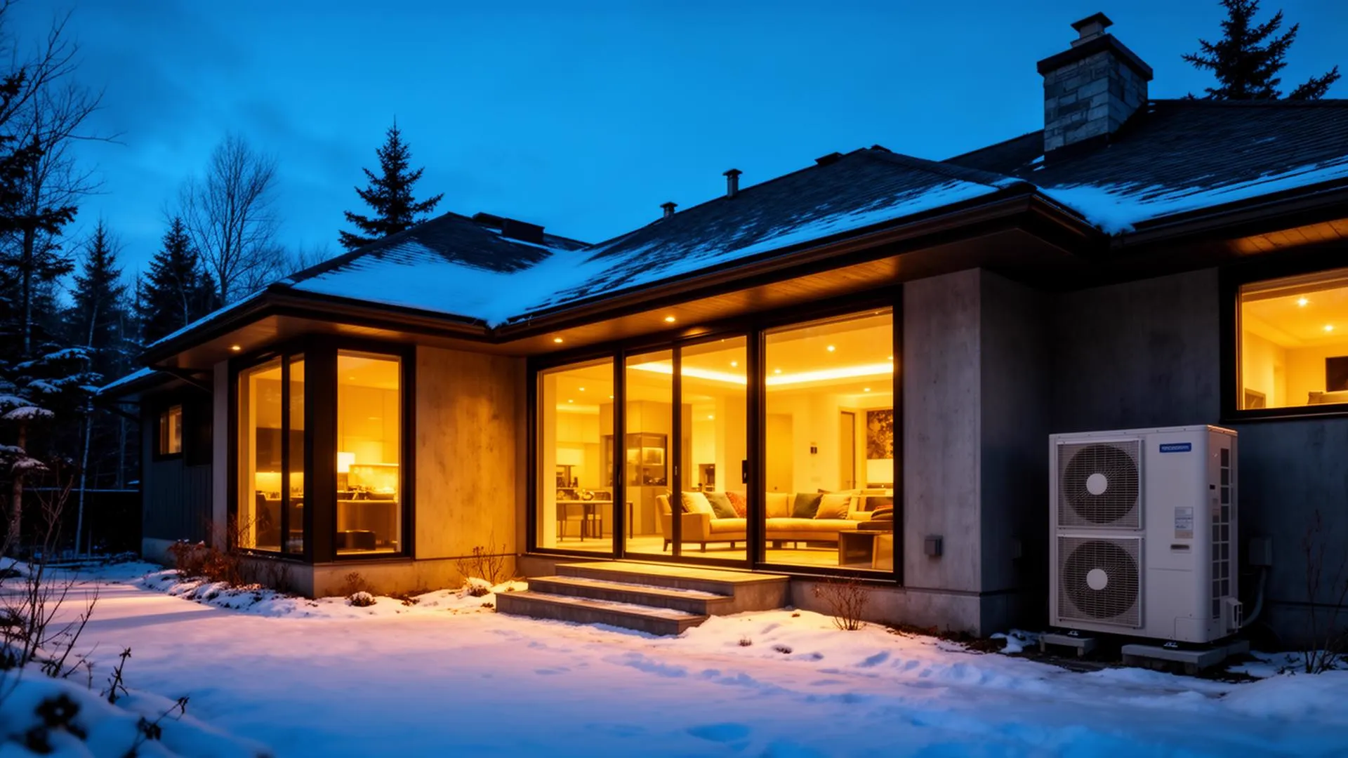 A modern GTA home glowing warm at winter twilight with a high-efficiency heat pump outside
