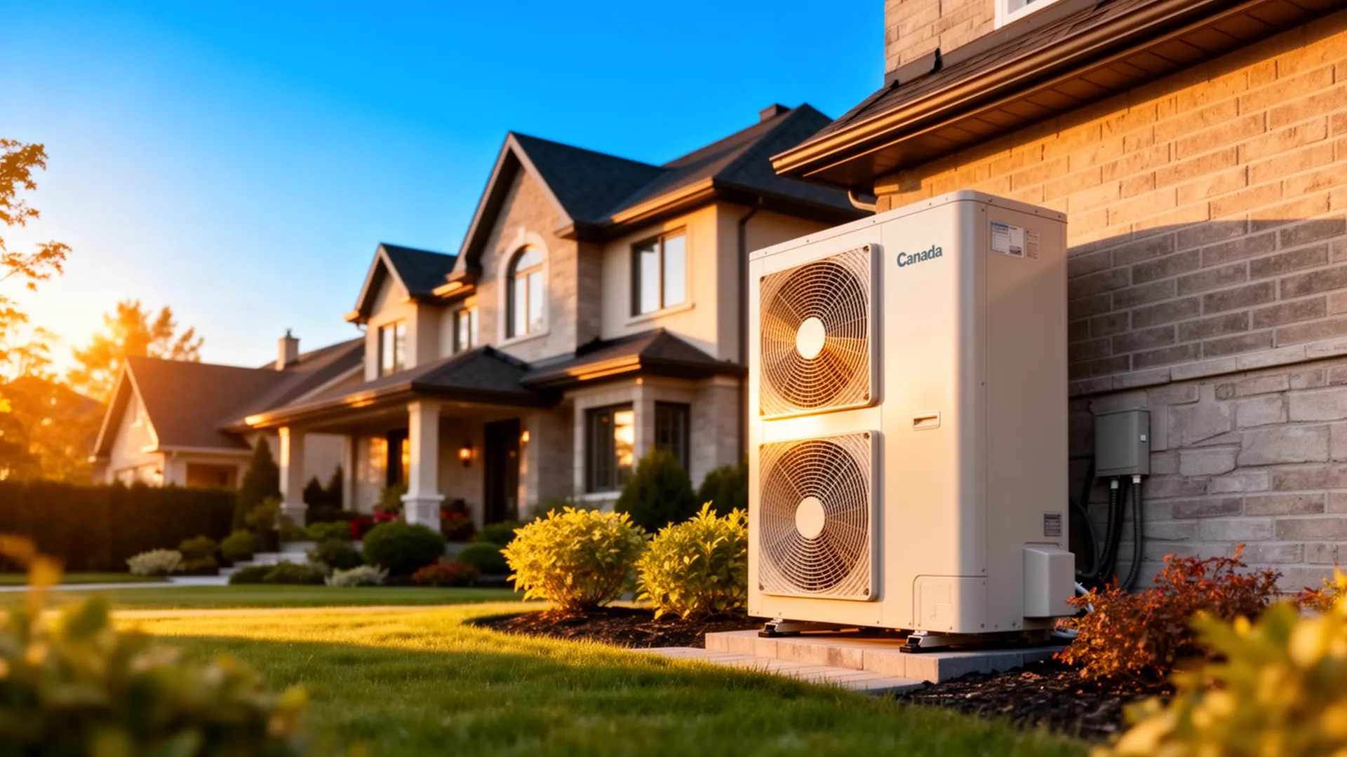 A modern high-efficiency heat pump installed beside a GTA home at golden hour