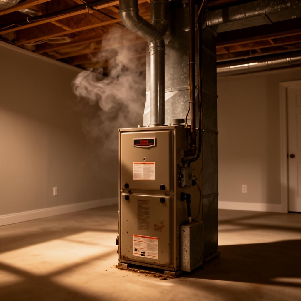 Aging gas furnace in a residential basement