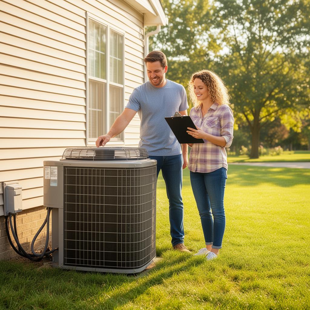 Homeowner couple inspecting an outdoor air conditioner with a clipboard
